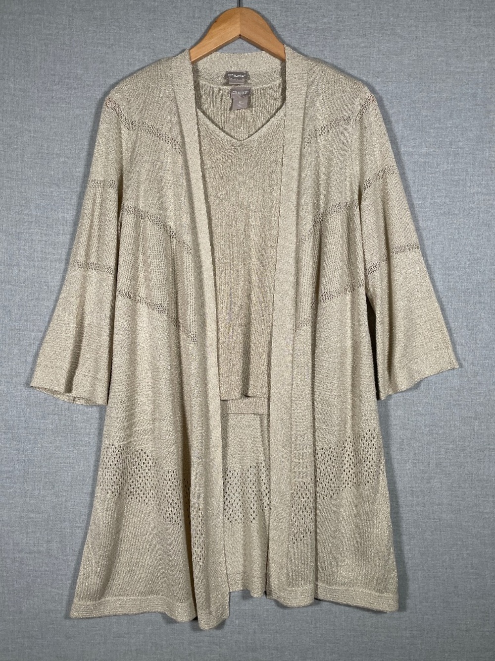 Chico's Gold Metallic Knit Cardigan Tank Set Open Stitch Chevron Shimmer Twin